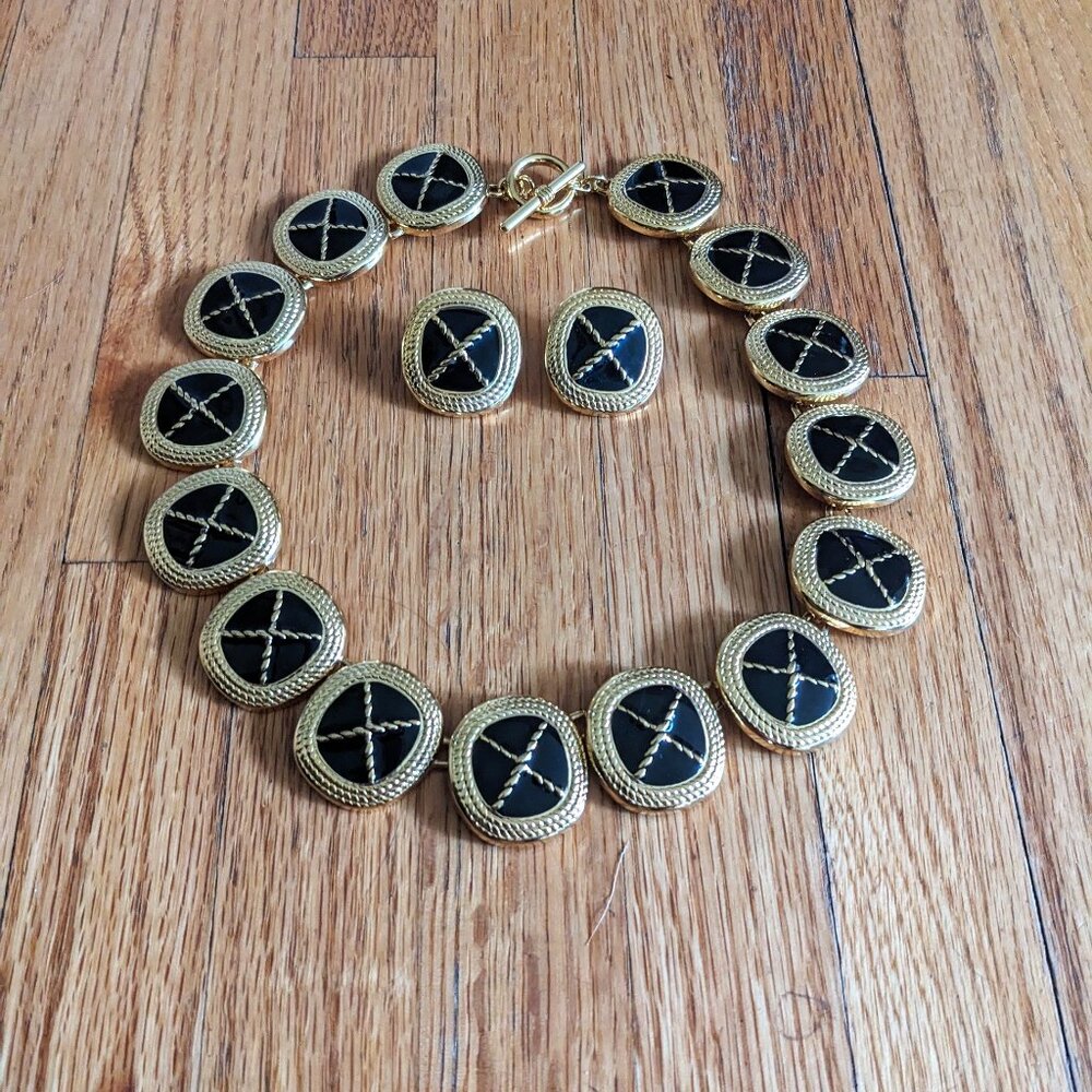 Vintage Park Lane gold black enamel criss cross necklace and earrings set
